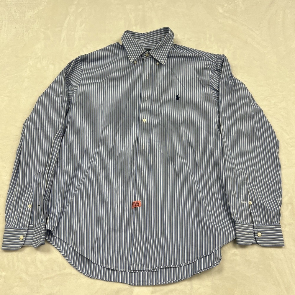 Ralph Lauren Button Down Shirt Mens L Blue Striped Classic Fit Long Sleeve